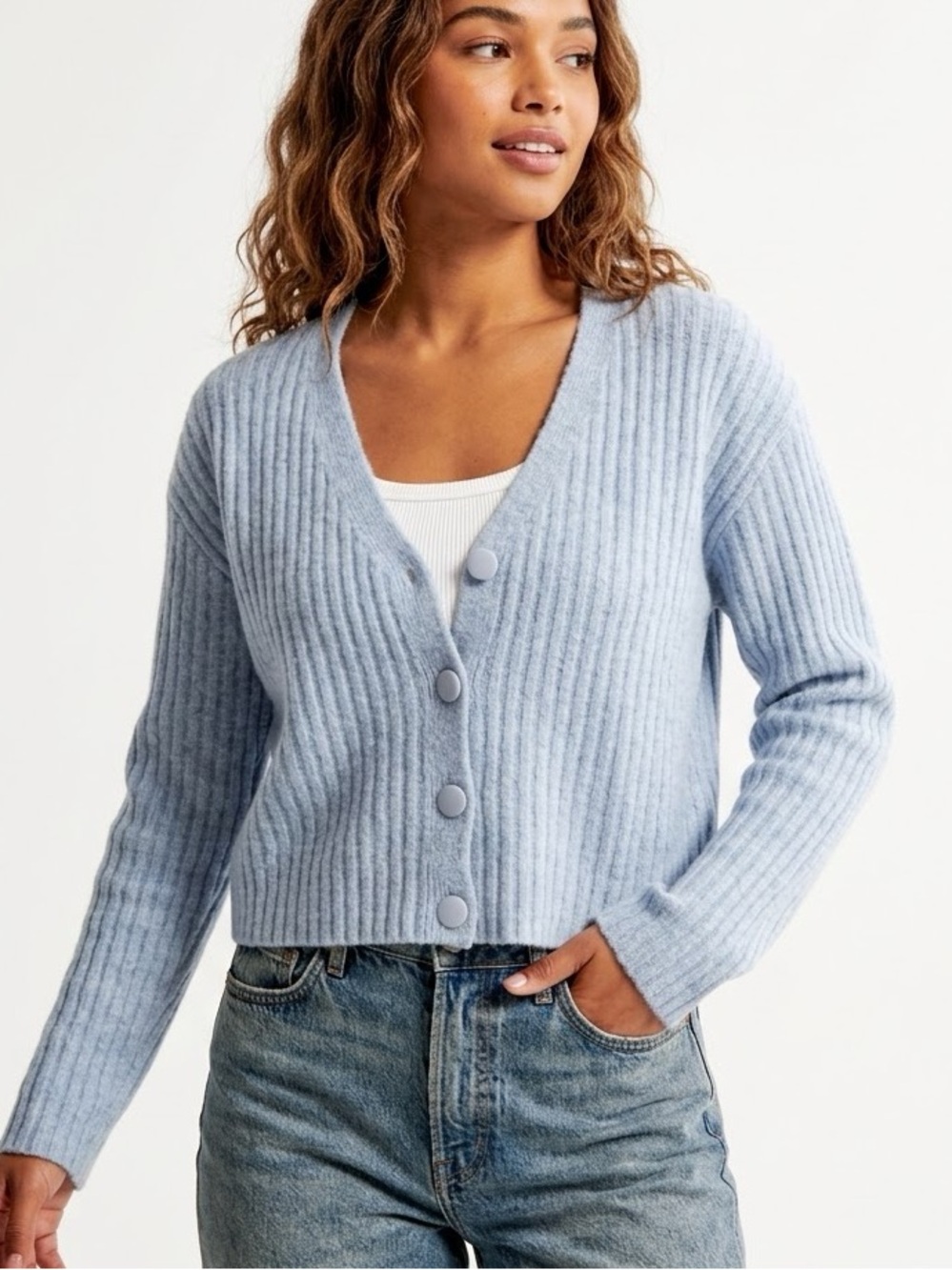 Princess Polly Light Blue Wool Blend Ribbed Cropped Cardigan S/M
